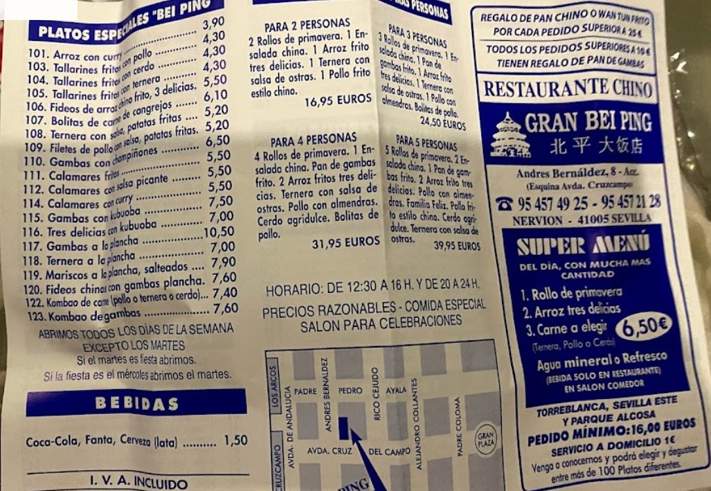 Carta de Restaurante Chino en Sevilla Gran Bei Ping