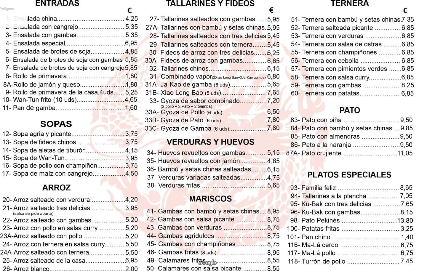 Carta de Restaurante chino Hong Kong Toledo